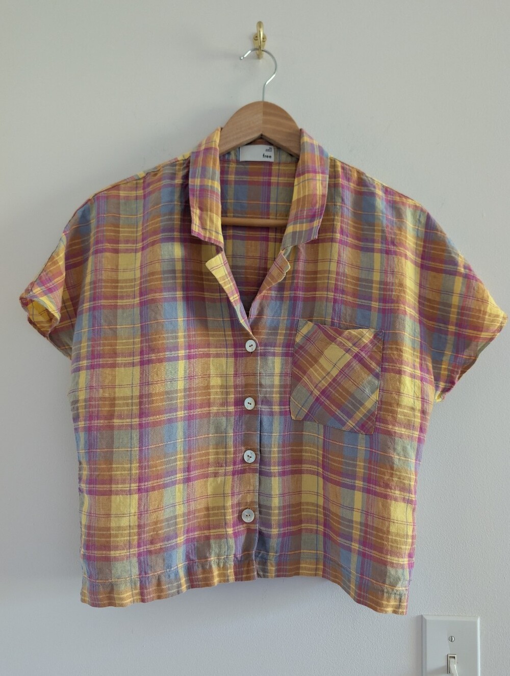 Wilfred 100% Linen Plaid Short-Sleeve Button-Down Top